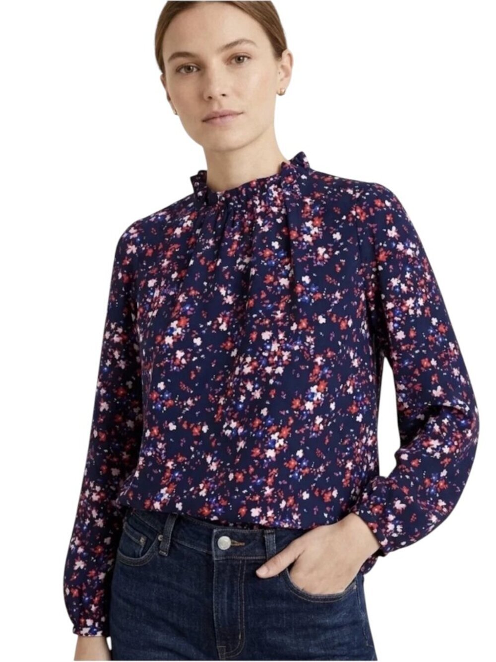 J. Crew Navy Floral Ruffle Neck Long Sleeve Blouse